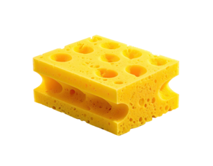 A yellow sponge with holes, cut to look like a block of Swiss cheese