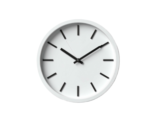A white, minimalist wall clock against a black background, showing the time