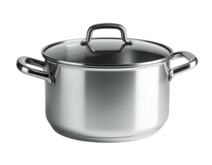 Shiny stainless steel pot with lid, handles, reflecting light against black background