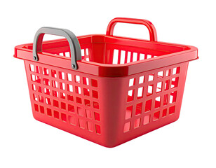 A bright red, plastic, open shopping container with two gray handles