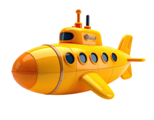 A vibrant yellow, cartoonish submarine with portholes and a radar mast