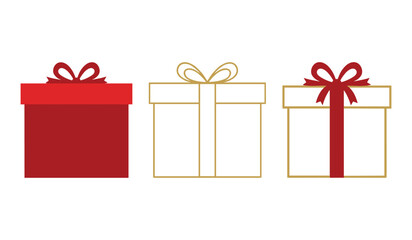 A set of three gift boxes red and gold outlines on white background present ribbon