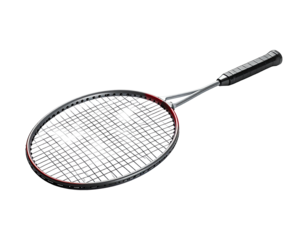 Angled shot of a tennis racquet with black strings and a black grip