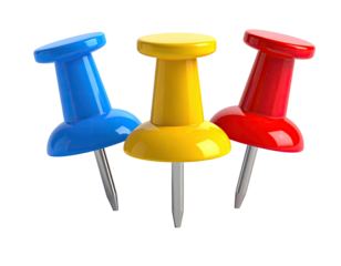 Three vibrant pushpins, blue, yellow, and red, isolated on a black background