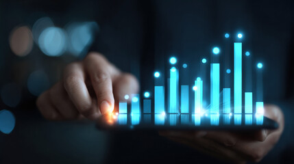 Business professional analyzing holographic stock market dashboard with glowing bar graph on digital tablet