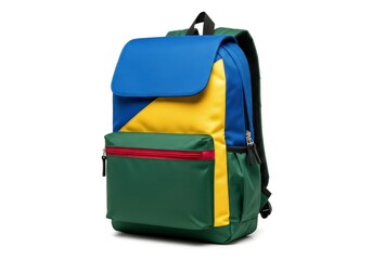 A vibrant backpack with a blue flap yellow and green body panels and a red-zippered front pocket featuring a black top handle and shoulder straps