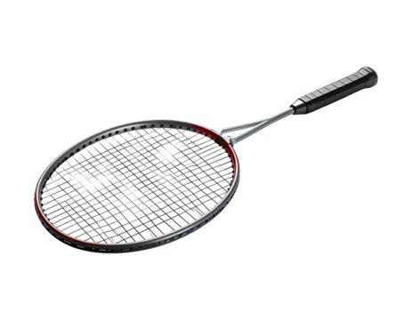 Angled shot of a tennis racquet with black strings and a black grip