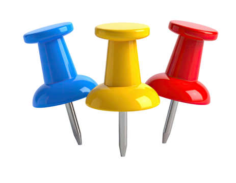 Three vibrant pushpins, blue, yellow, and red, isolated on a black background