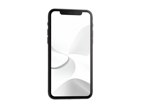 Sleek black handheld device with a bright white display, showing abstract art