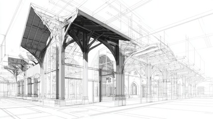 Technical architectural drawing in 3D vector format, detailed modern structure wireframe, precision CAD look, high-quality engineering visualization