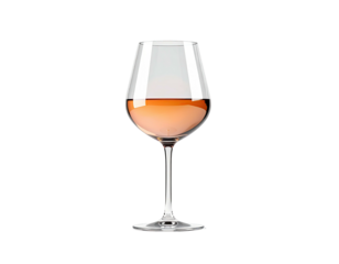 Elegant stemmed glass holds pale pink beverage, isolated against a black backdrop