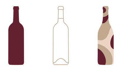 A set of three wine bottles one solid burgundy outline beige abstract pattern beige and burgundy vector