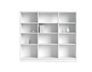 A white, empty bookcase with decor on some shelves against a black background