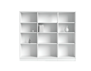 A white, empty bookcase with decor on some shelves against a black background
