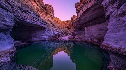 A hidden canyon pool at dusk with violet shadows and jade-green water 
