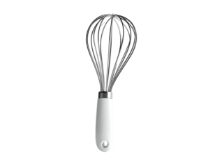 Close-up shot of a stainless steel whisk with a white handle, isolated