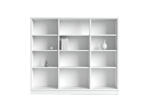 A white, empty bookcase with decor on some shelves against a black background