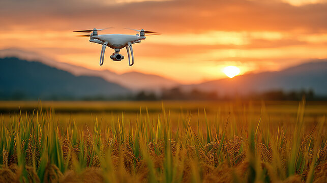 Cinematic sunrise shot of rice fields with smart irrigation drone flying, golden light, peaceful rural landscape