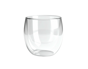 A clear, double-walled, rounded glass cup against a stark black background