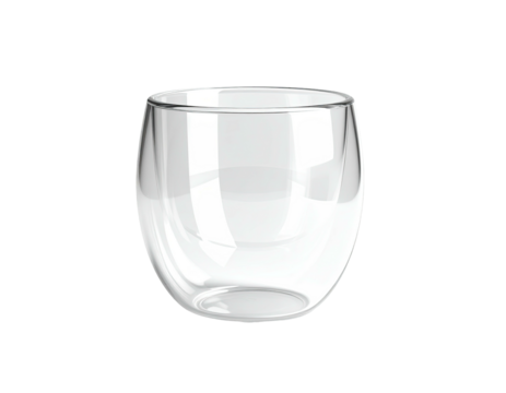 A clear, double-walled, rounded glass cup against a stark black background