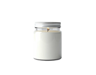 A lit, white candle in a clear jar with a silver lid, isolated against black