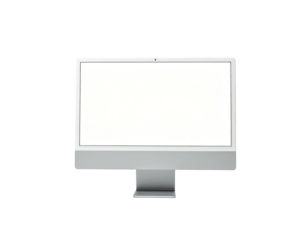 Modern silver all-in-one computer with a blank white screen against a black background