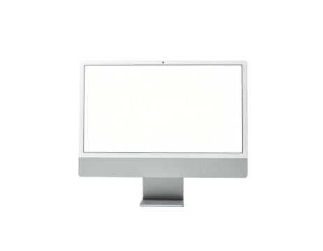 Modern silver all-in-one computer with a blank white screen against a black background