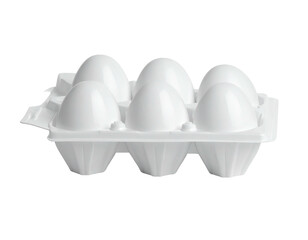 Six white eggs nestled in a white plastic carton against a black background