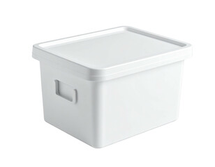A white, rectangular storage container with a lid and handle cutouts, isolated