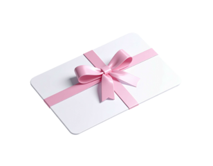 A white card, adorned with a pink ribbon and bow, rests on a black background