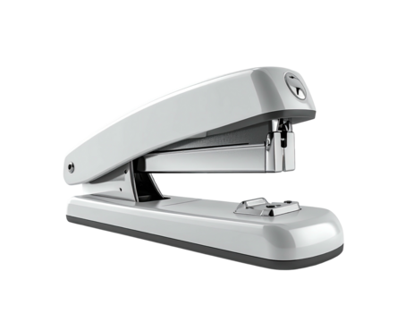 A glossy, white stapler on a black background, angled to reveal its inner workings