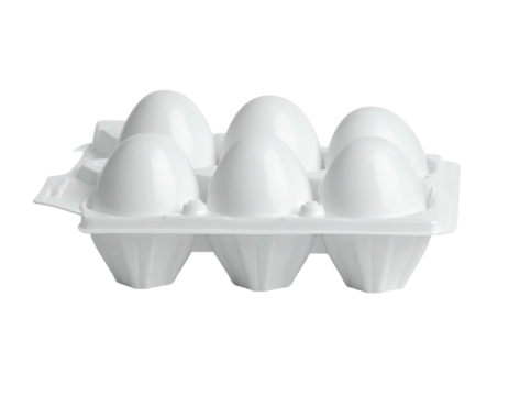 Six white eggs nestled in a white plastic carton against a black background
