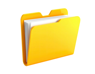 A shiny, three-dimensional, open yellow file folder with paper inside