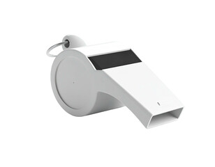 A white plastic whistle with a metal ring, set against a black background