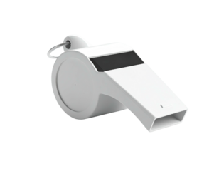 A white plastic whistle with a metal ring, set against a black background