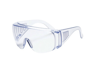 Clear plastic safety eyewear with side shields; angled view on black background