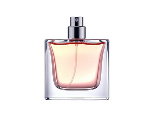 A square perfume bottle with a clear glass exterior and a gold-tinted liquid