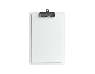A clean, white clipboard with a blank paper, on a stark black background