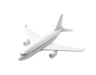 A 3D-rendered white passenger airplane angled on a black background