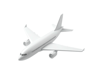 A 3D-rendered white passenger airplane angled on a black background