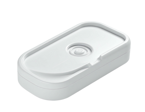 White, rectangular device with rounded corners and a central, circular depression