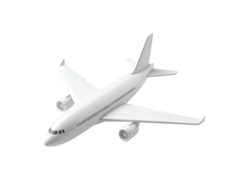 A 3D-rendered white passenger airplane angled on a black background