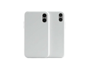 Two sleek, minimalist cell phone cases, white, positioned on a black background
