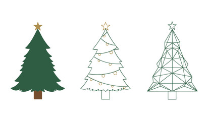 Obraz premium A set of three stylized green Christmas trees with gold stars on white background holiday