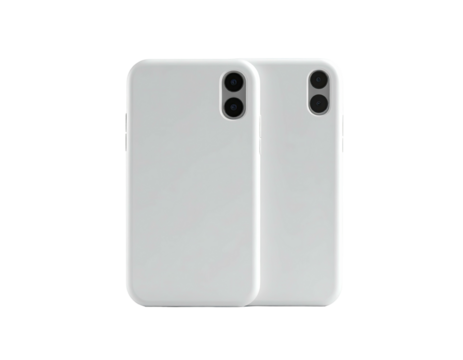 Two sleek, minimalist cell phone cases, white, positioned on a black background
