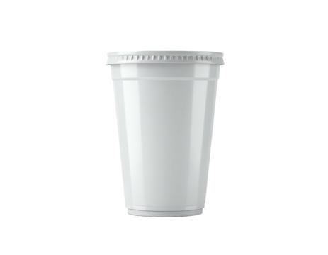Plain white large drink cup with lid, against a black background