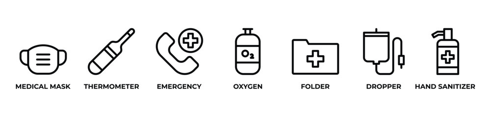 Essential Tools for Health and Safety Icons set vector illustration with  MEDICAL MASK, THERMOMETER, EMERGENCY, OXYGEN, FOLDER, DROPPER, HAND SANITIZER