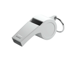A close-up, 3D rendered white whistle with a metal loop, set against black