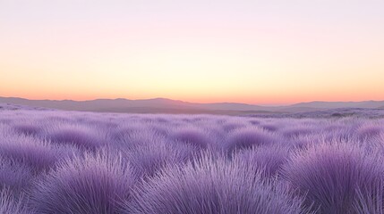 A high-altitude plateau at sunrise with lavender-tinted grasses and pale sky 
