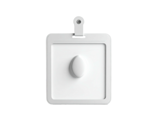 Square white device with oval button, loop, and frame against a stark black background
